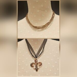 Y2K Multistrand Necklace Lot Of 2, Copper Seed Bead Choker, Fleur-de-lis Pendant